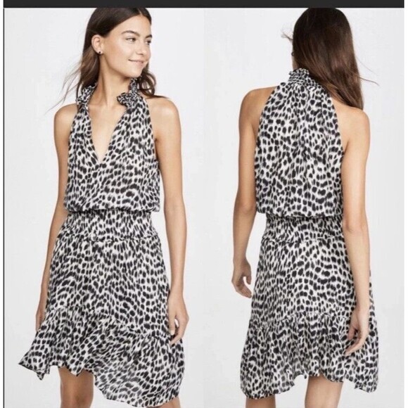 NEW! $595 A.L.C. Womens Silk Halter Leopard-Print Dress Black & Cream alc - Picture 2 of 11
